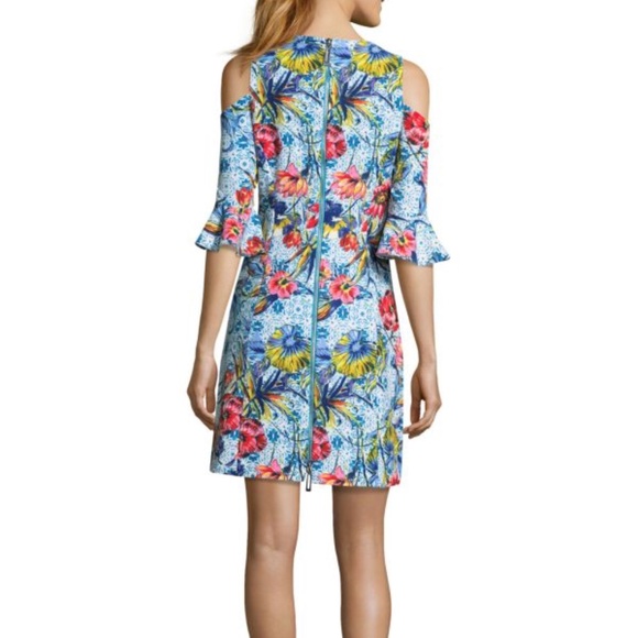 NICOLE MILLER Floral-Print Leaf‎ Turquoise Cold-Shoulder Sheath Cocktail Dress - Picture 2 of 15